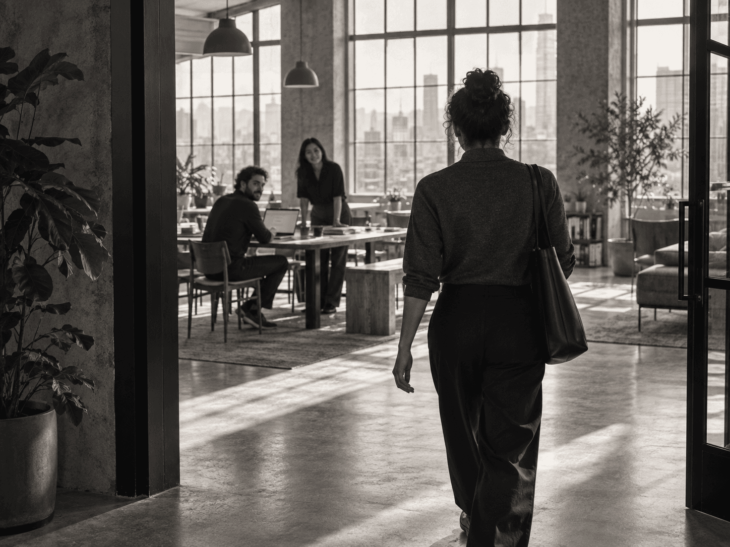 Editorial illustration of a professional entering a sunlit workspace as colleagues look up to welcome them
